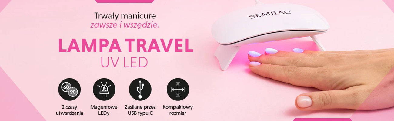 Lampa UV LED Semilac Travel – kompaktowa, z USB-C i dwoma czasami utwardzania.